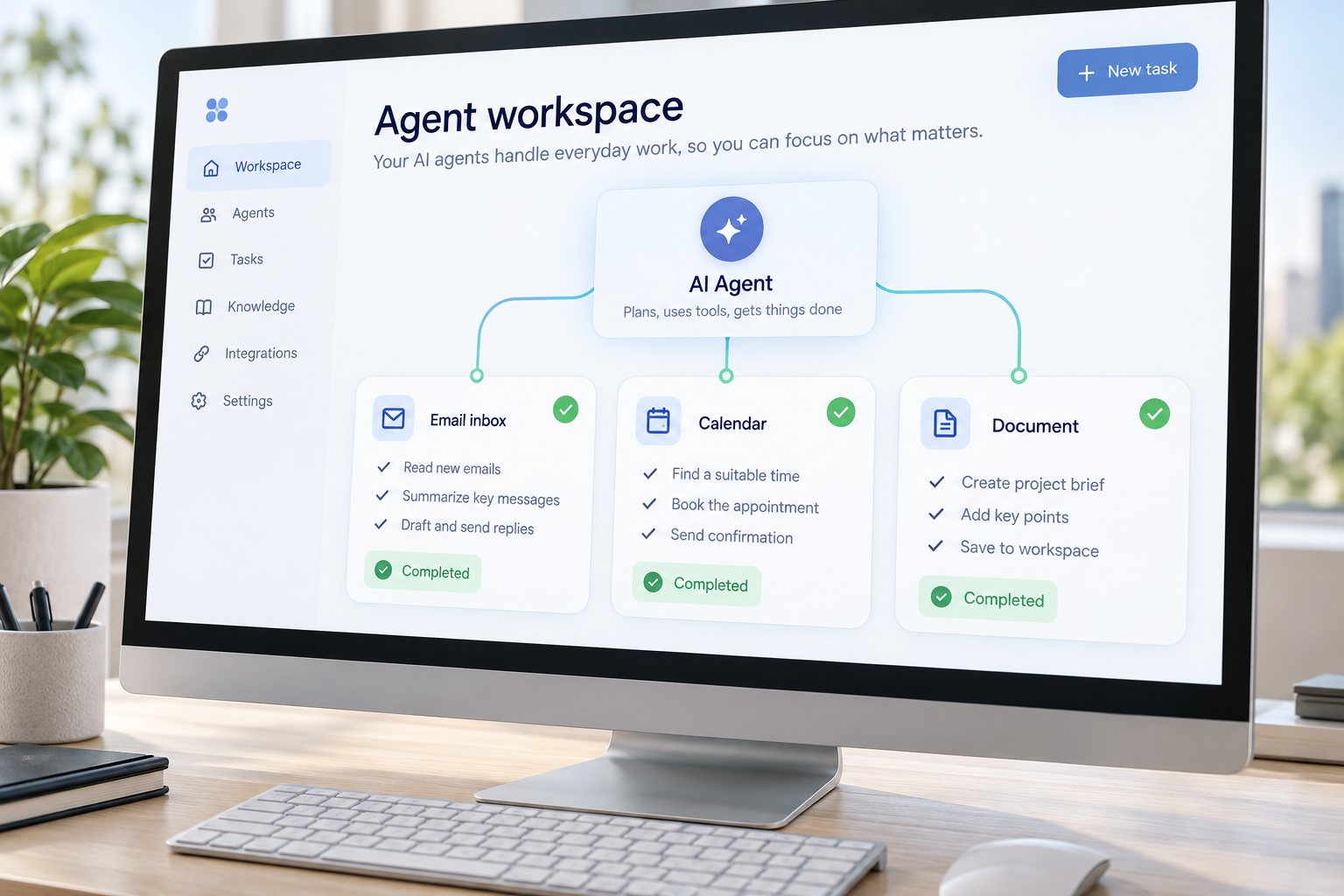AI agent workspace coordinating email, calendar, and document tasks