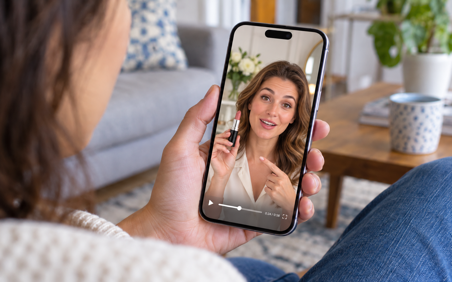 Someone watching a beauty creator demonstrate luxury lipstick on their phone