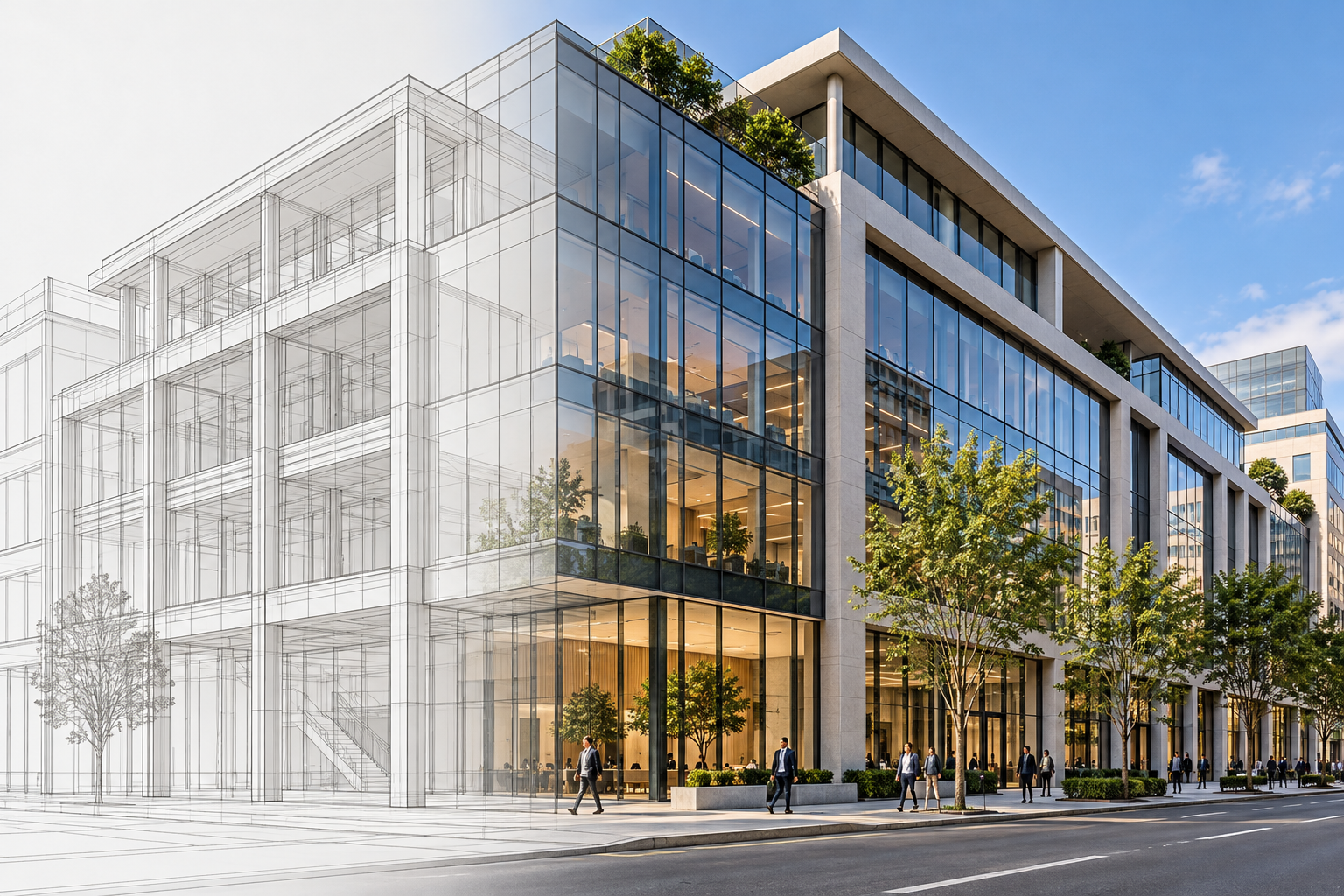 Commercial office building transitioning from architectural wireframe to finished photorealistic visualization