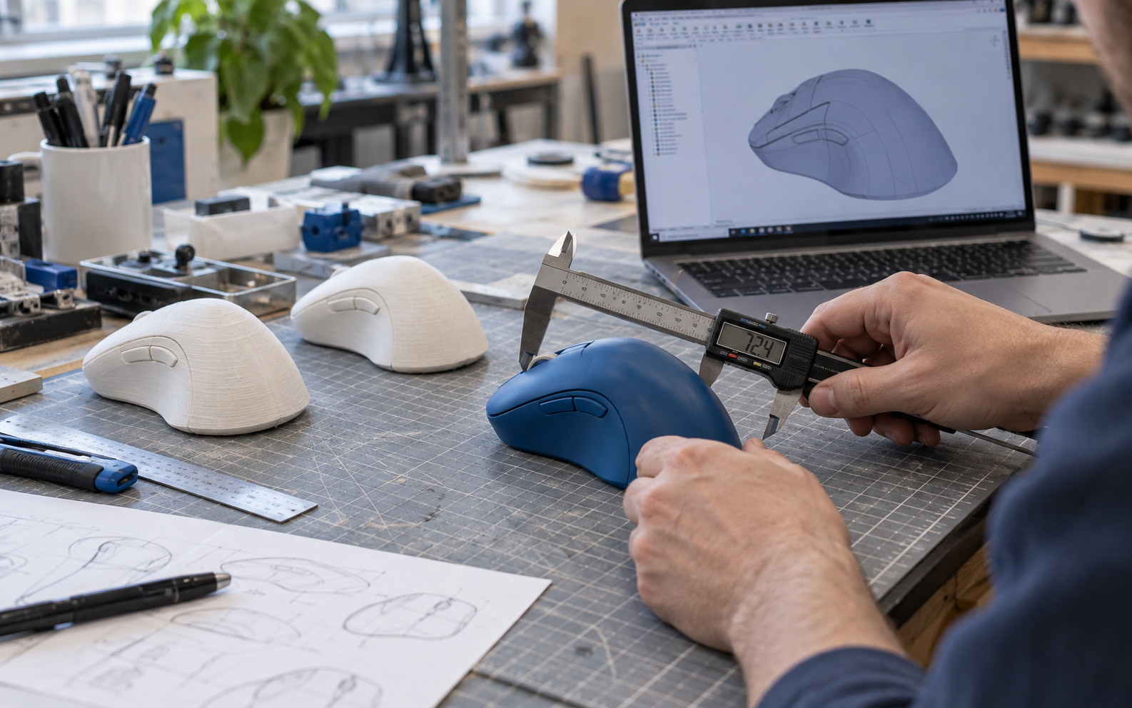 Designer measuring a mouse prototype beside a CAD model