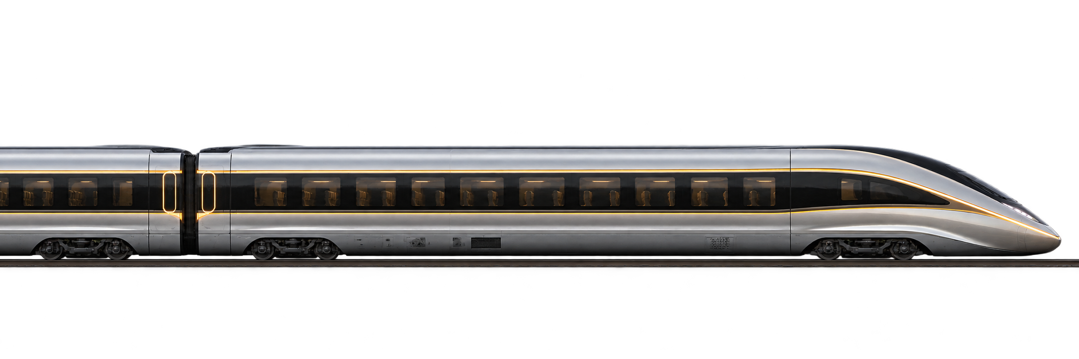 Side profile of a sleek silver high-speed train