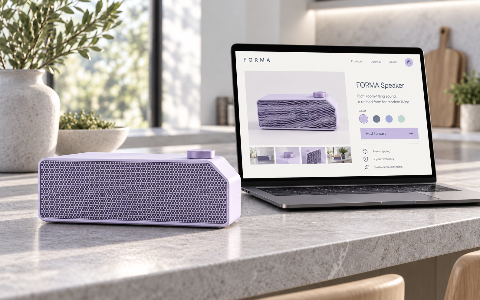 Speaker on a counter with a laptop behind it displaying its product page