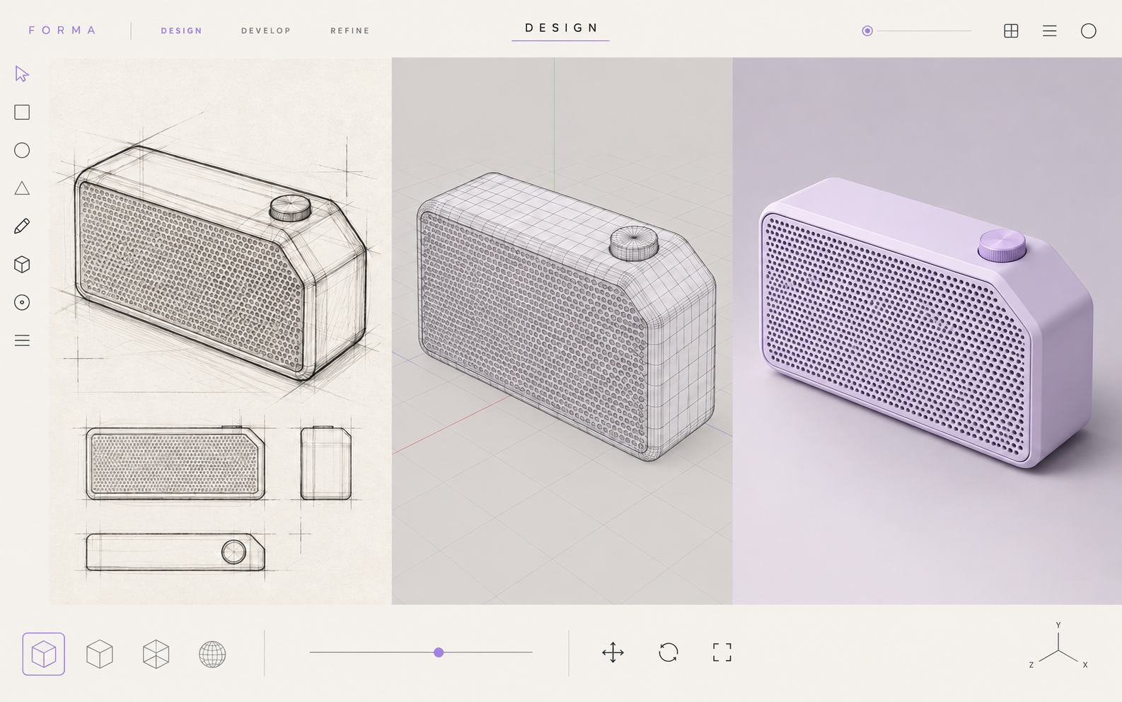 Speaker product concept shown as a sketch, wireframe, and 3D model