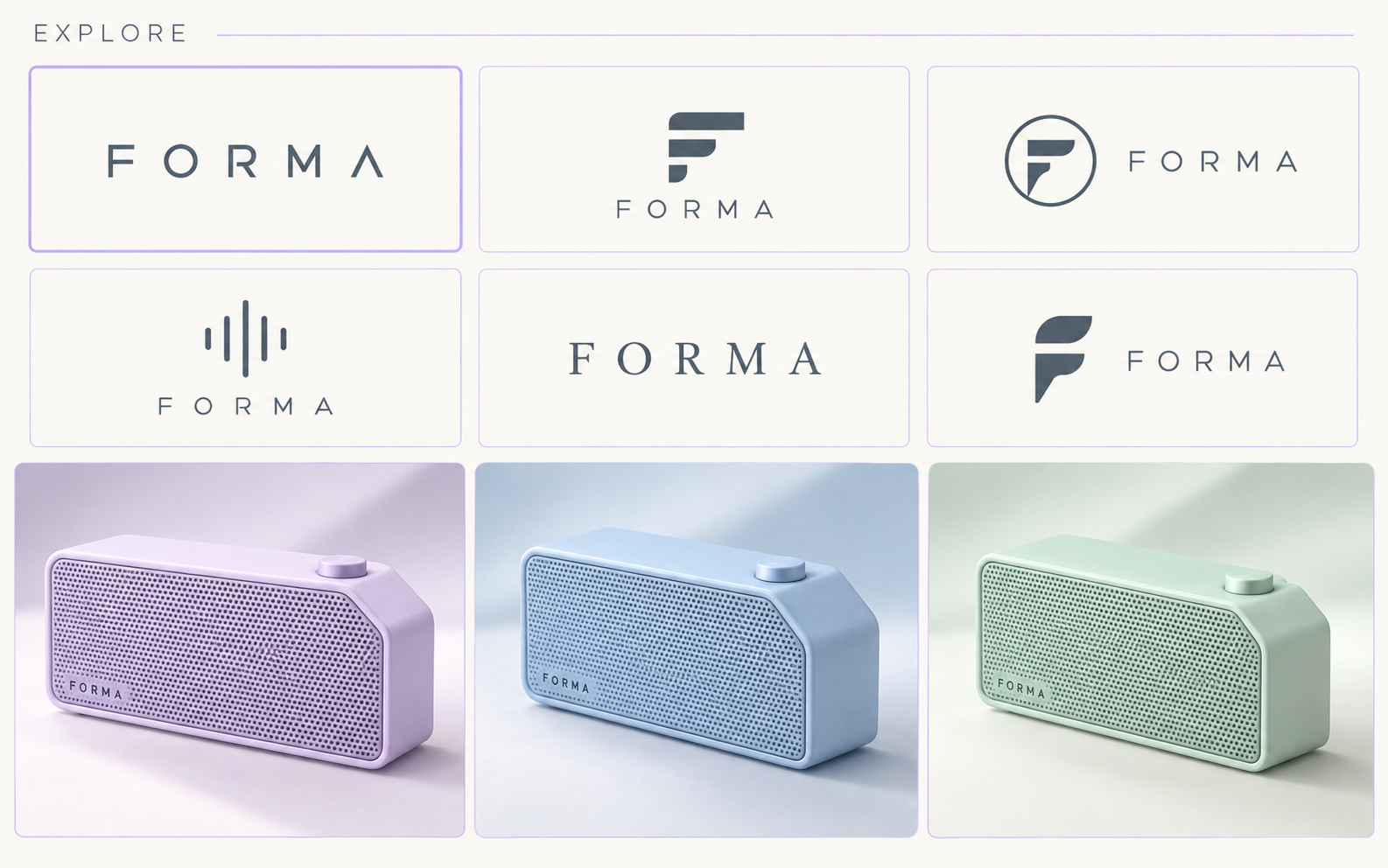 Logo explorations and speaker product renders in three finishes